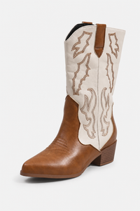 Bottes Santiags en Similicuir Crème et Cognac à Broderies