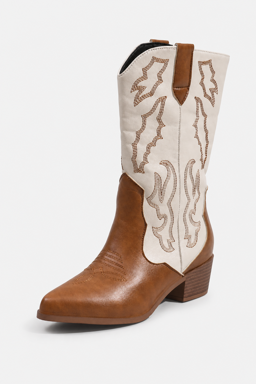 Bottes Santiags en Similicuir Crème et Cognac à Broderies