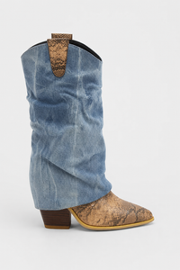 Bottes Santiags Plissées en Jean Délavé et Serpent