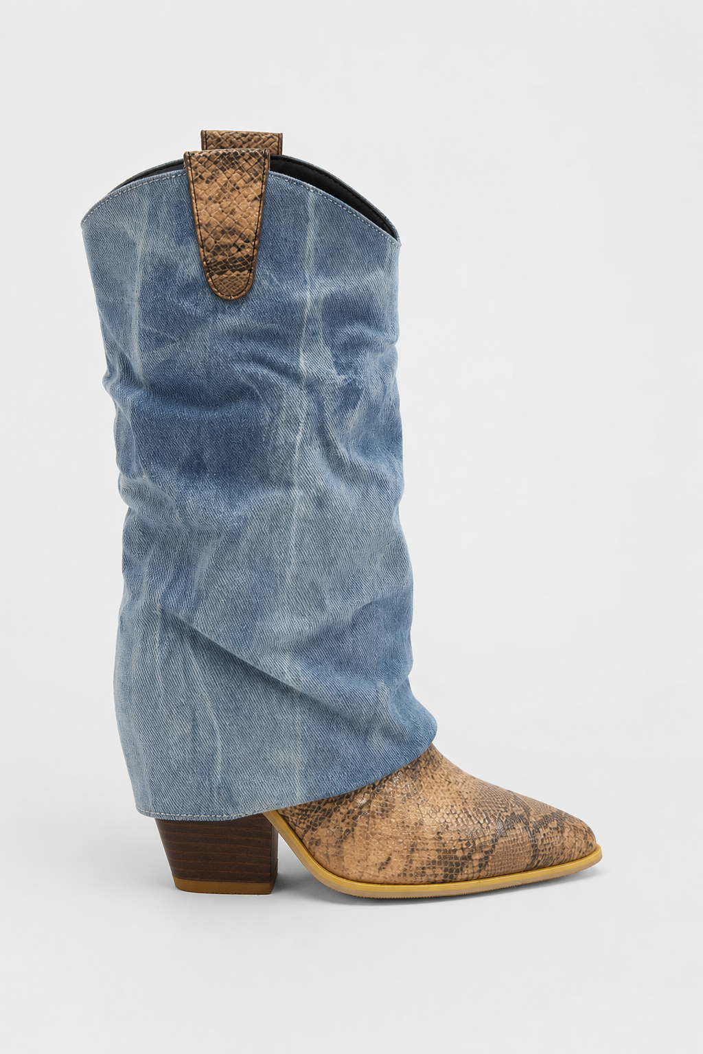 Bottes Santiags Plissées en Jean Délavé et Serpent