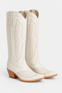 Bottes Santiags Crème en Similicuir à Broderies Western