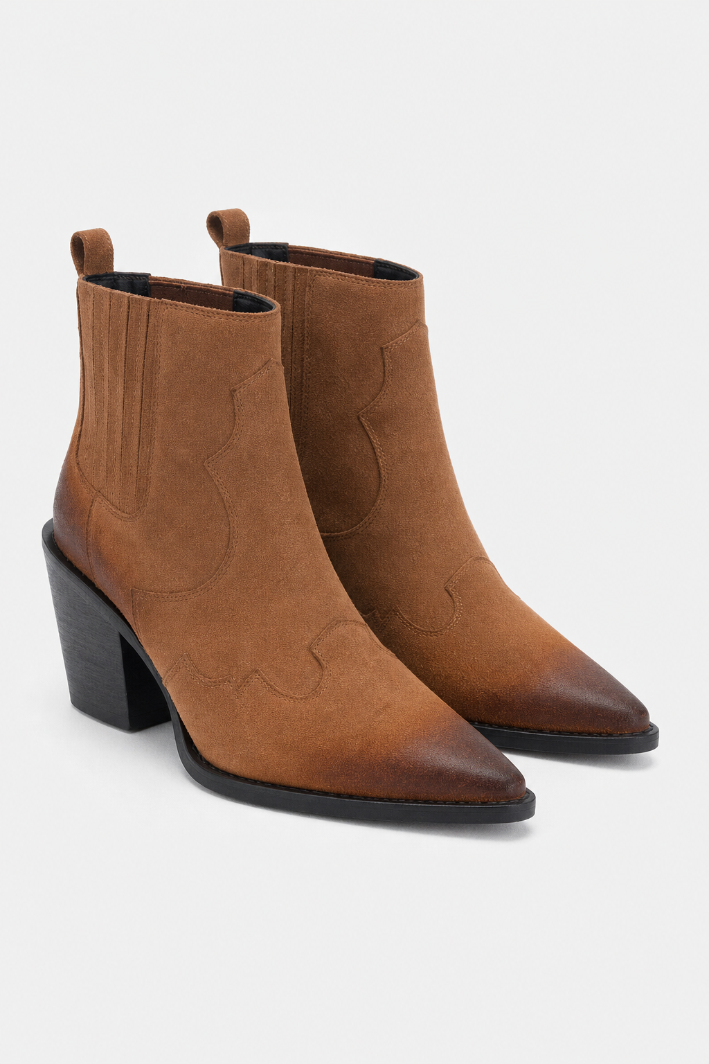 Bottines Santiags Basses en Daim Camel Patiné