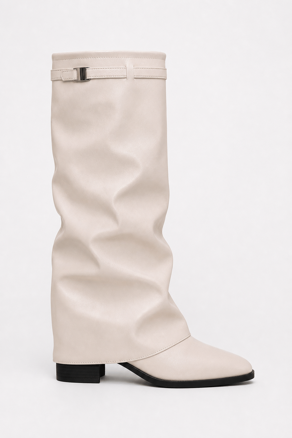 Bottes Mi-Mollet Tombantes en Similicuir Crème