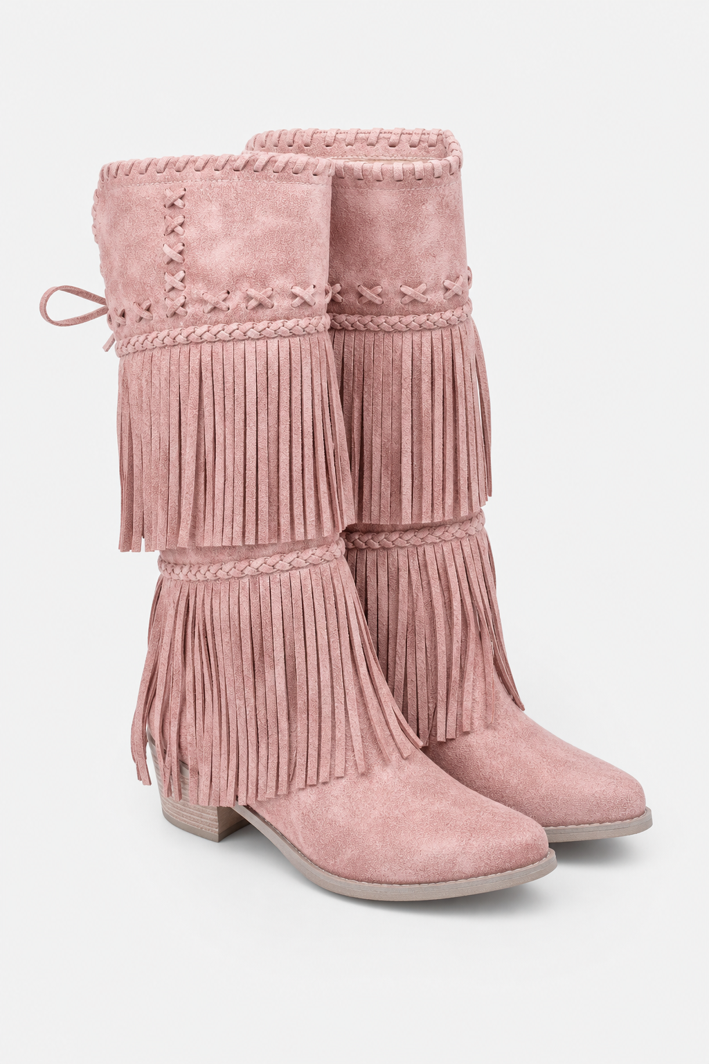 Bottes Santiags en Similicuir Rose Poudré à Franges