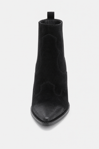 Bottines Santiags en Daim Noir à Bout Pointu et Talon Bloc