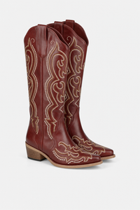 Bottes Santiags Hautes Rouge Bordeaux à Broderies Dorées