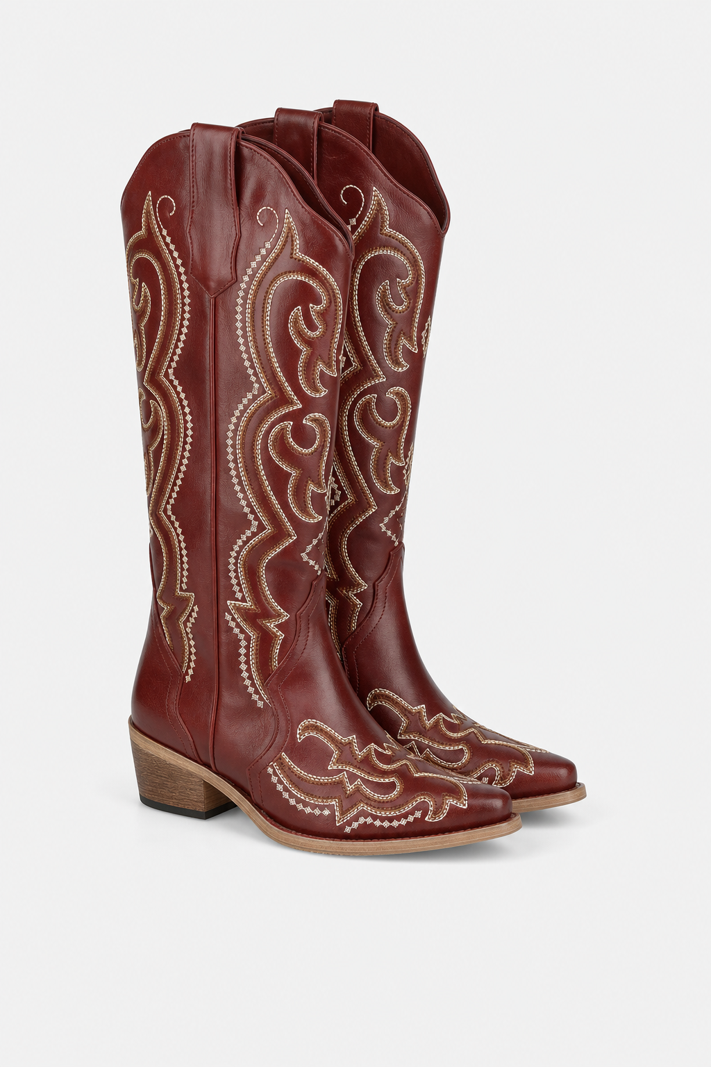 Bottes Santiags Hautes Rouge Bordeaux à Broderies Dorées