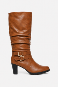 Bottes Mi-Mollet Marron Plissées avec Boucles