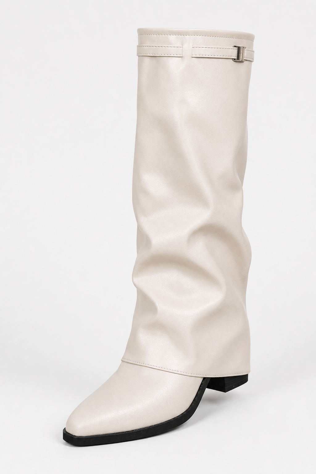 Bottes Mi-Mollet Tombantes en Similicuir Crème