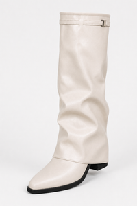 Bottes Mi-Mollet Tombantes en Similicuir Crème