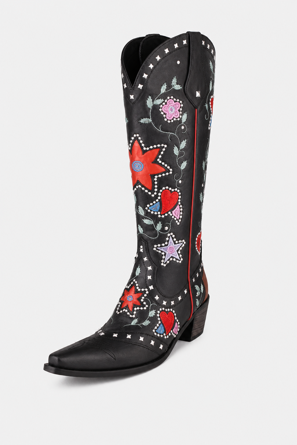 Bottes Santiags Noires à Broderies Étoiles et Fleurs