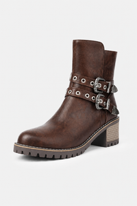 Bottines Biker en Similicuir Marron à Boucles Ornées