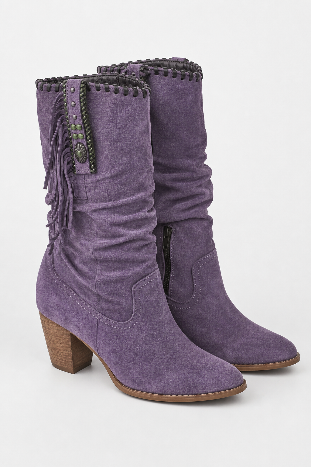 Bottes Western en Daim Violet à Franges Mi-Mollet