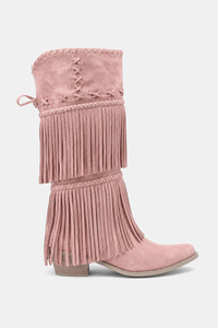 Bottes Santiags en Similicuir Rose Poudré à Franges