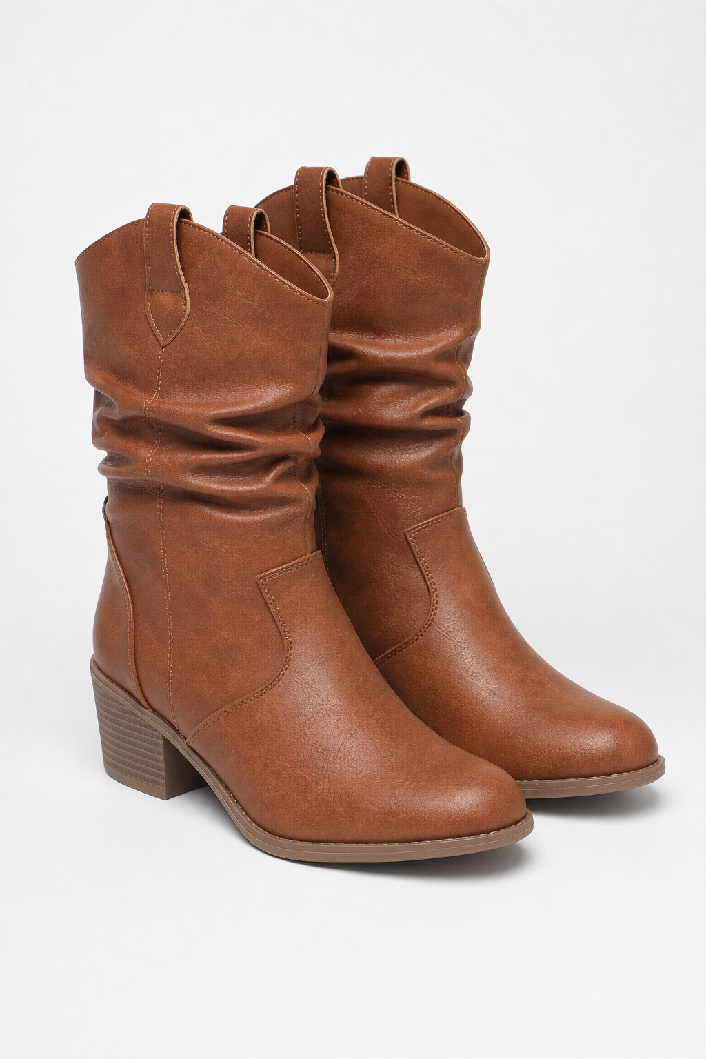 Bottes Santiags Froncées en Similicuir Camel