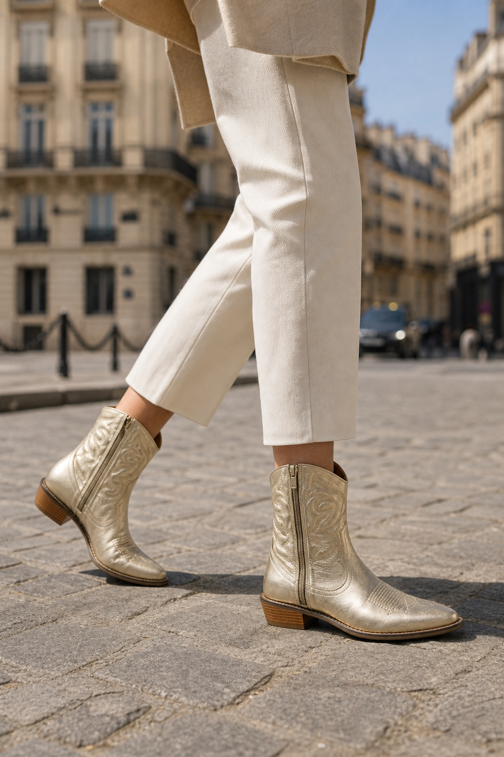 Bottes Santiags Dorées Métallisées à Broderies