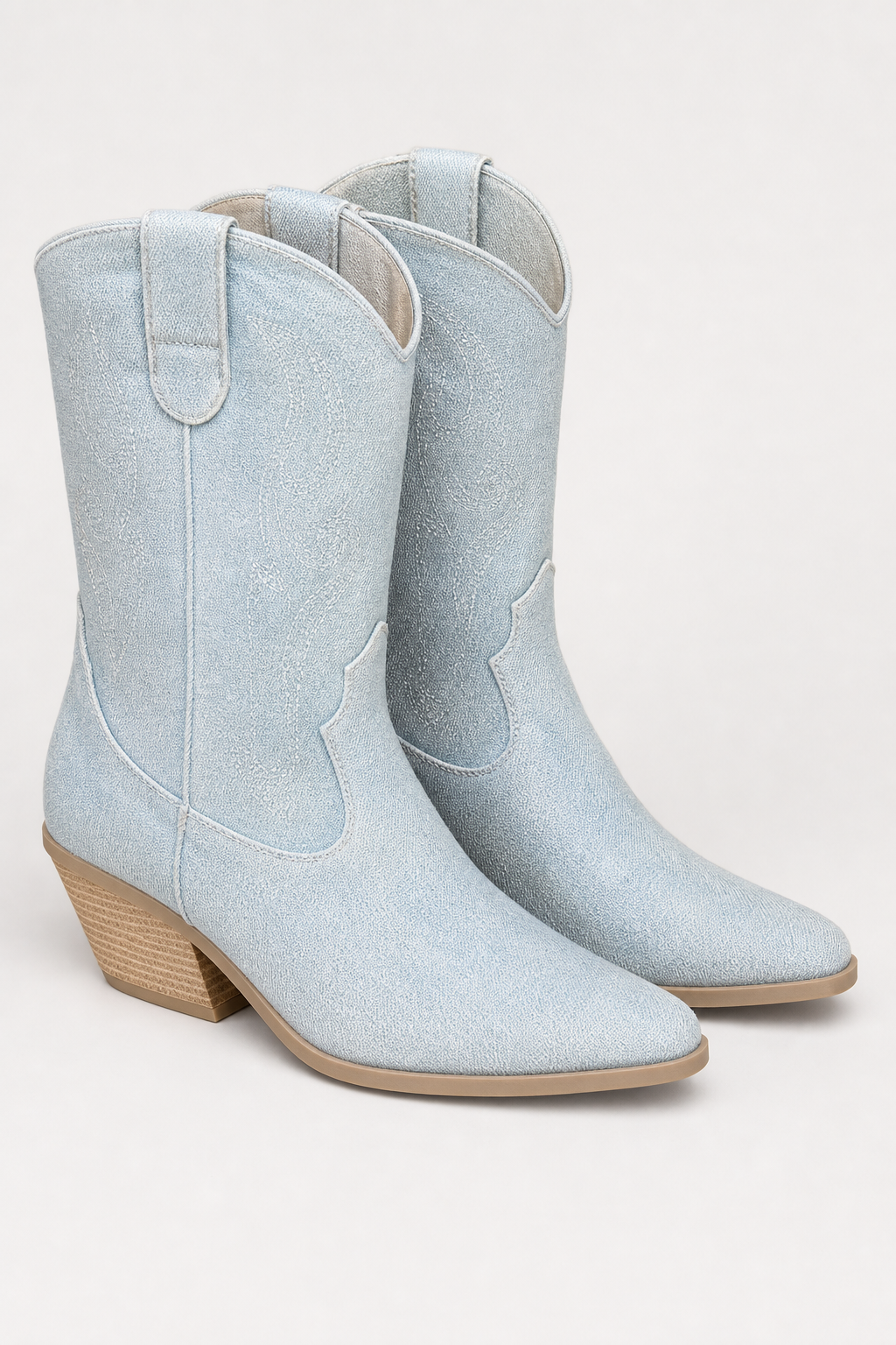 Bottes Santiags en Denim Bleu Clair Brodé à Talon 5cm