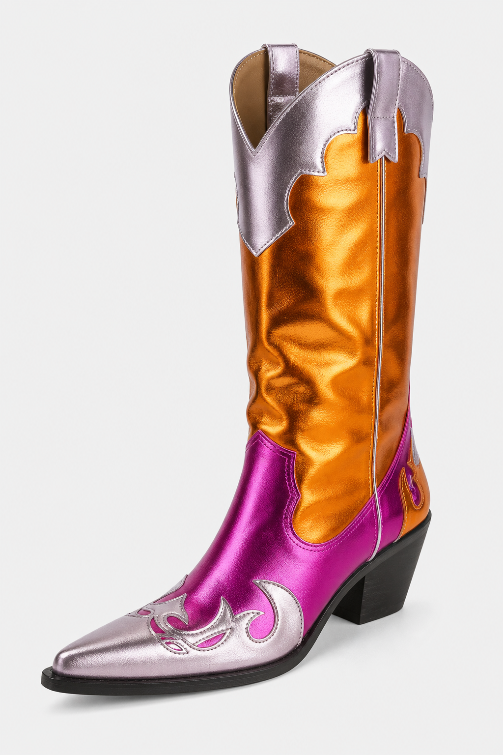 Bottes Santiags Métallisées Orange Fushia à Motifs Flammes