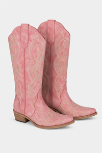 Santiags Hautes en Daim Rose Fumé à Broderies Or