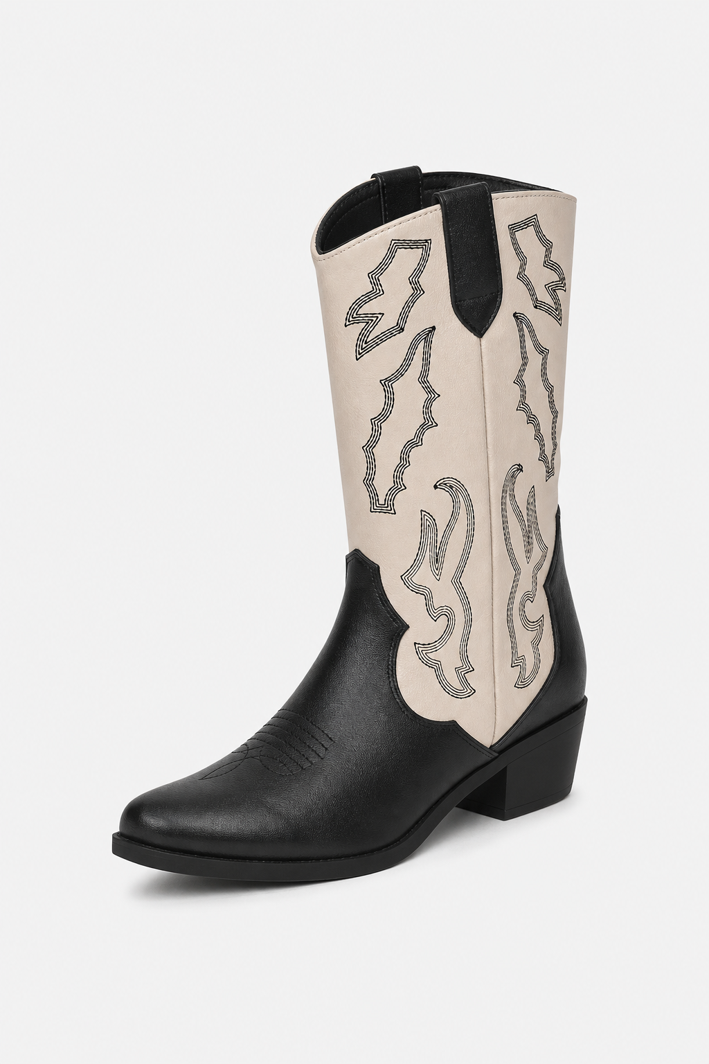 Bottes Santiags Bicolores Écru et Noir à Motifs Brodés