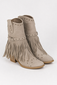 Bottines Western en Daim Beige Clair à Franges et Clous