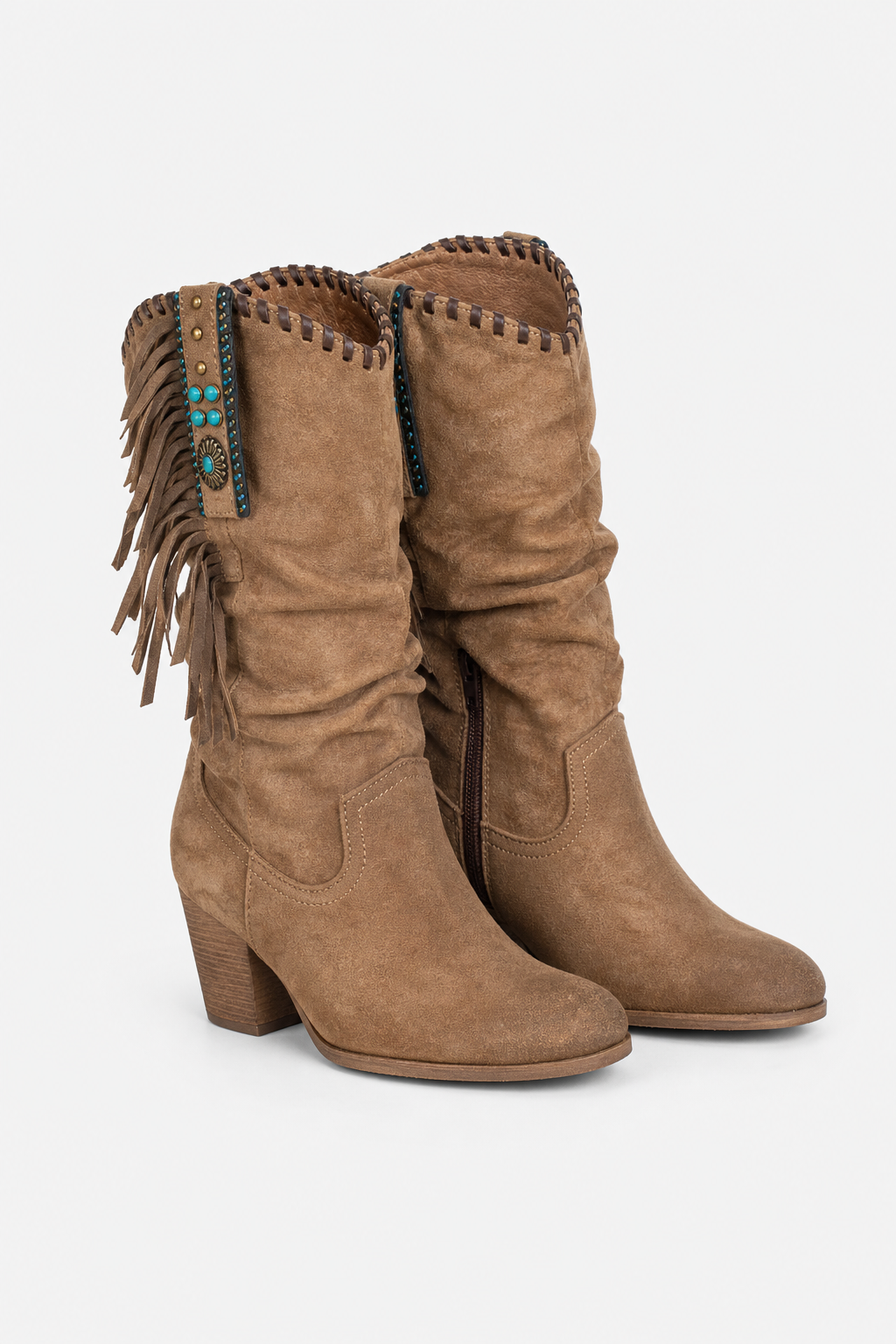 Bottes Western en Daim Camel à Franges Turquoise