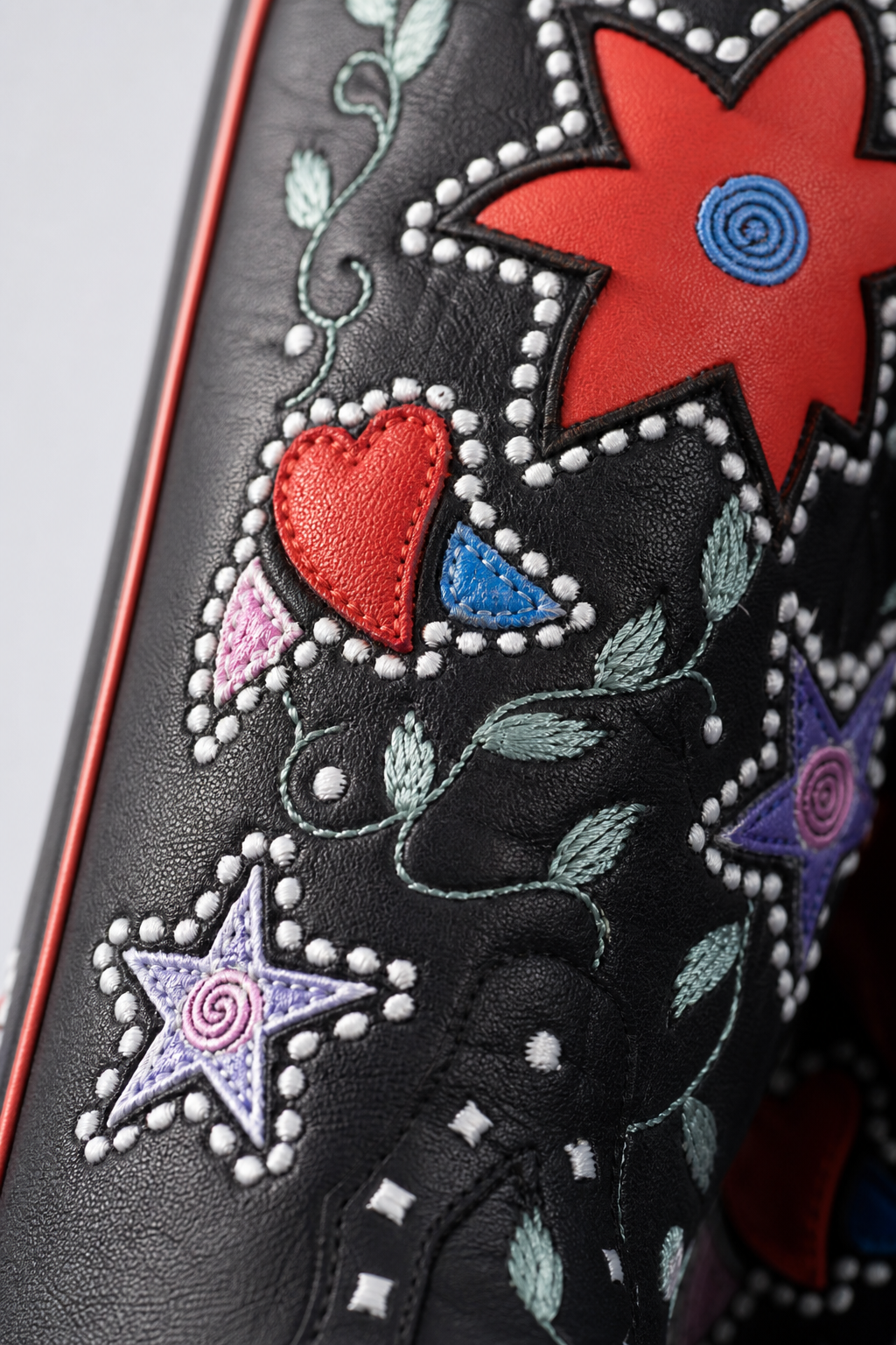 Bottes Santiags Noires à Broderies Étoiles et Fleurs