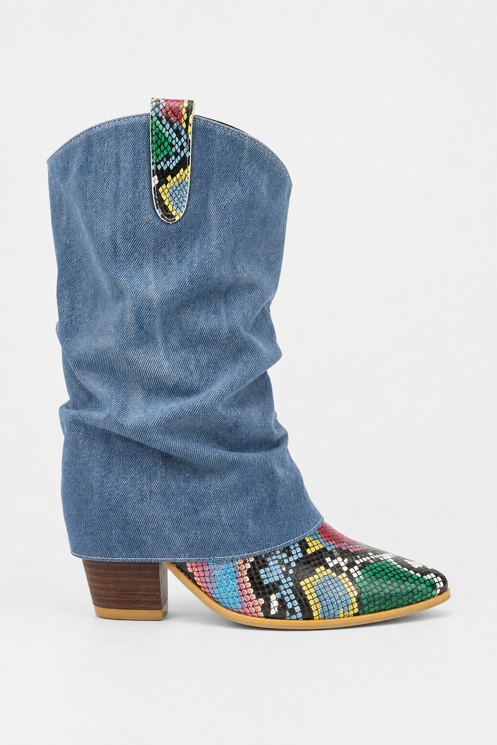 Bottes Santiags en Jean et Python Multicolore à Talon