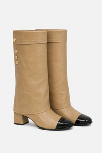 Bottes à Tige Lâche en Similicuir Beige et Bout Noir