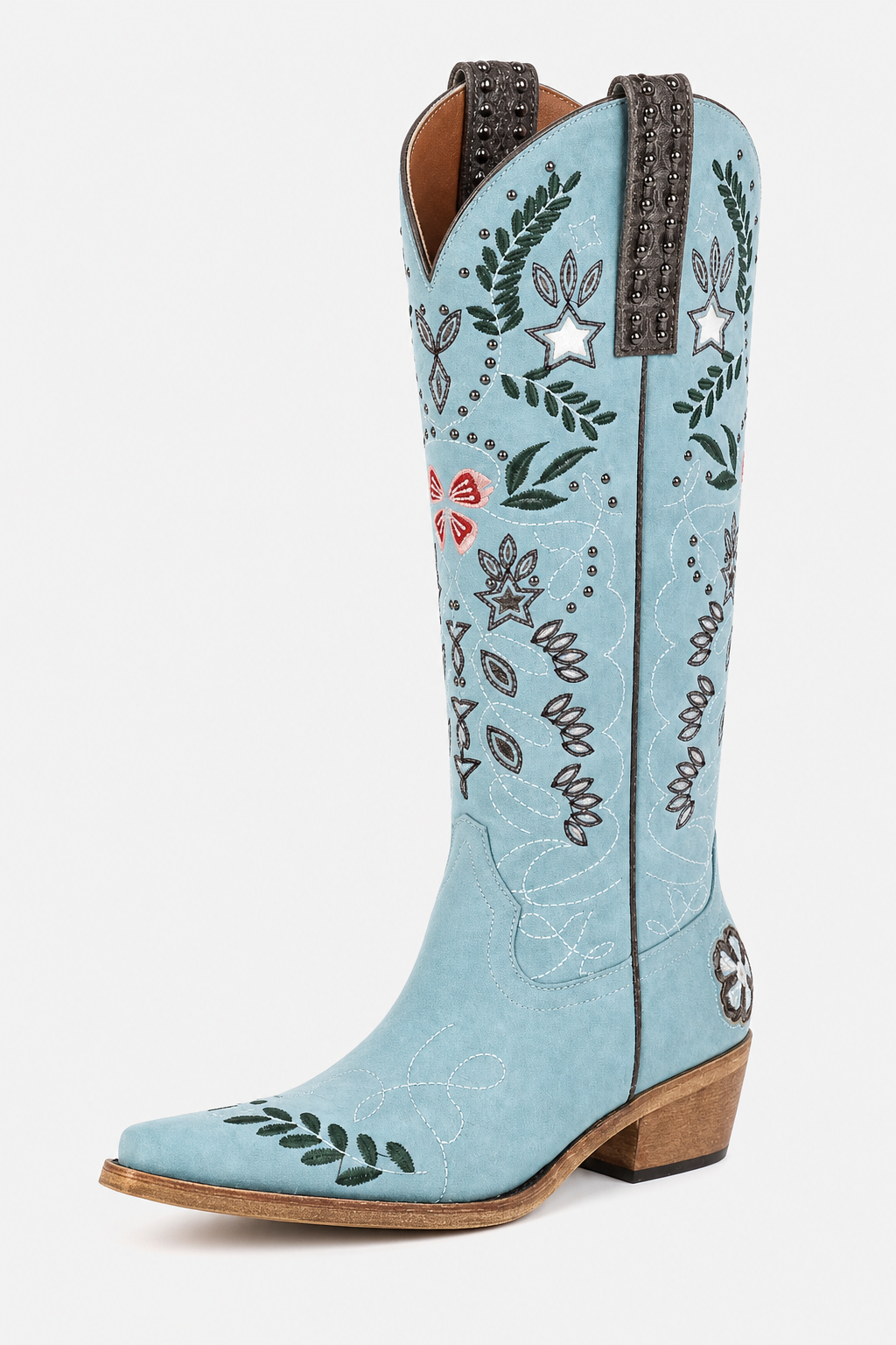 Bottes Santiags en Daim Bleu Ciel à Motifs Brodés