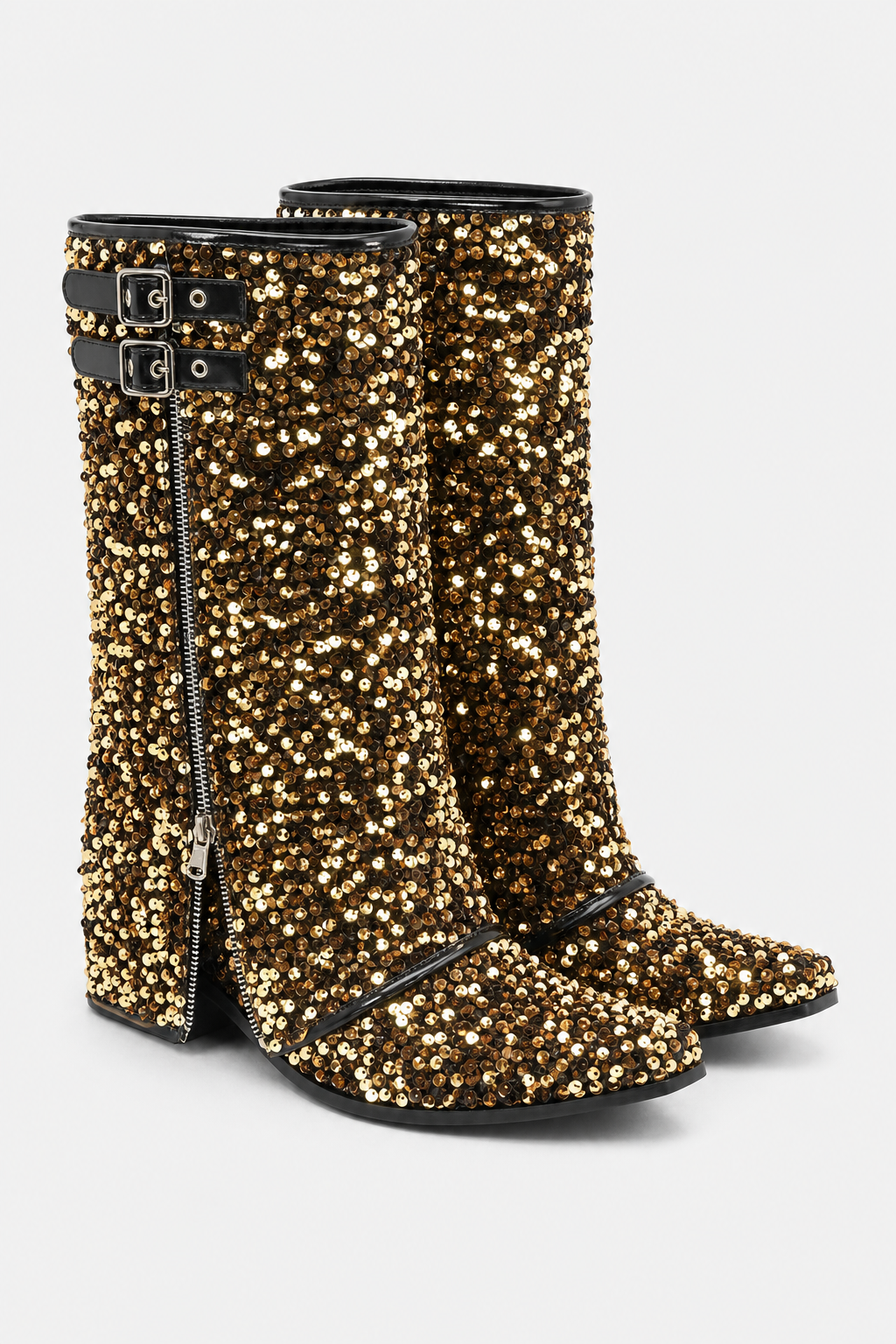 Bottes Santiags à Paillettes Dorées et Boucles Noires