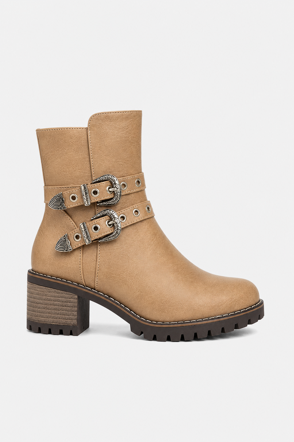 Bottines Biker en Similicuir Beige à Boucles Ornées