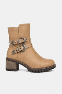 Bottines Biker en Similicuir Beige à Boucles Ornées
