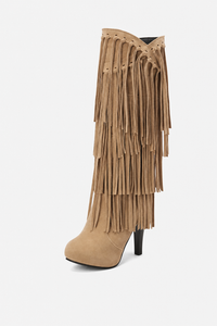 Bottes Hautes en Daim Beige à Franges et Talon