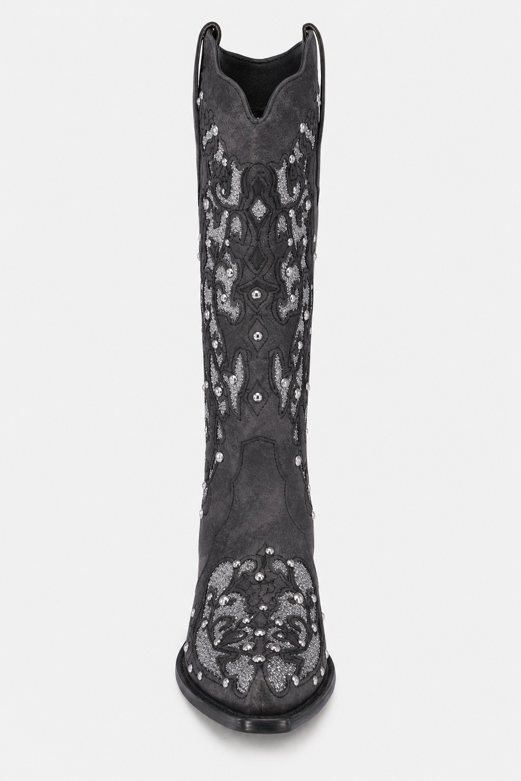 Bottes Santiags Grises en Daim à Motifs Brodés et Strass