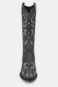 Bottes Santiags Grises en Daim à Motifs Brodés et Strass