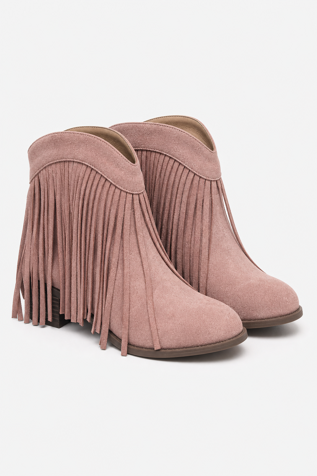 Bottines à Franges en Effet Daim Rose Poudré
