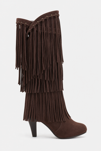 Bottes Hautes en Daim Marron à Franges et Talon