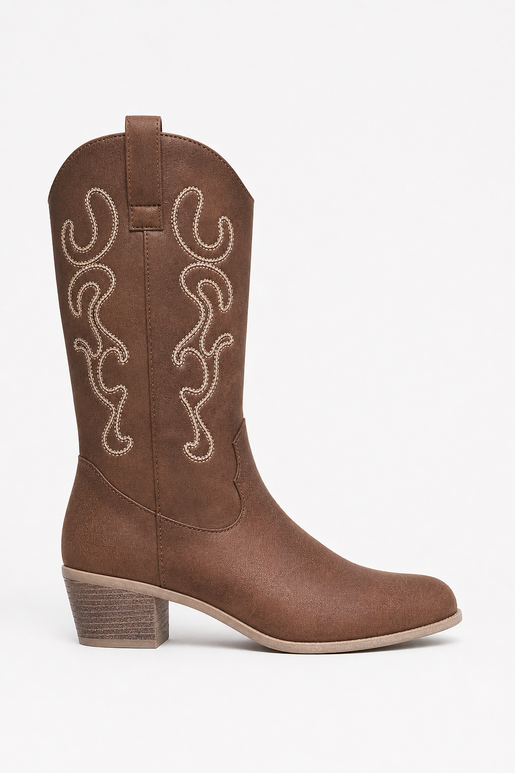 Bottes Santiags Marron à Broderies Blanches Mi-Mollet
