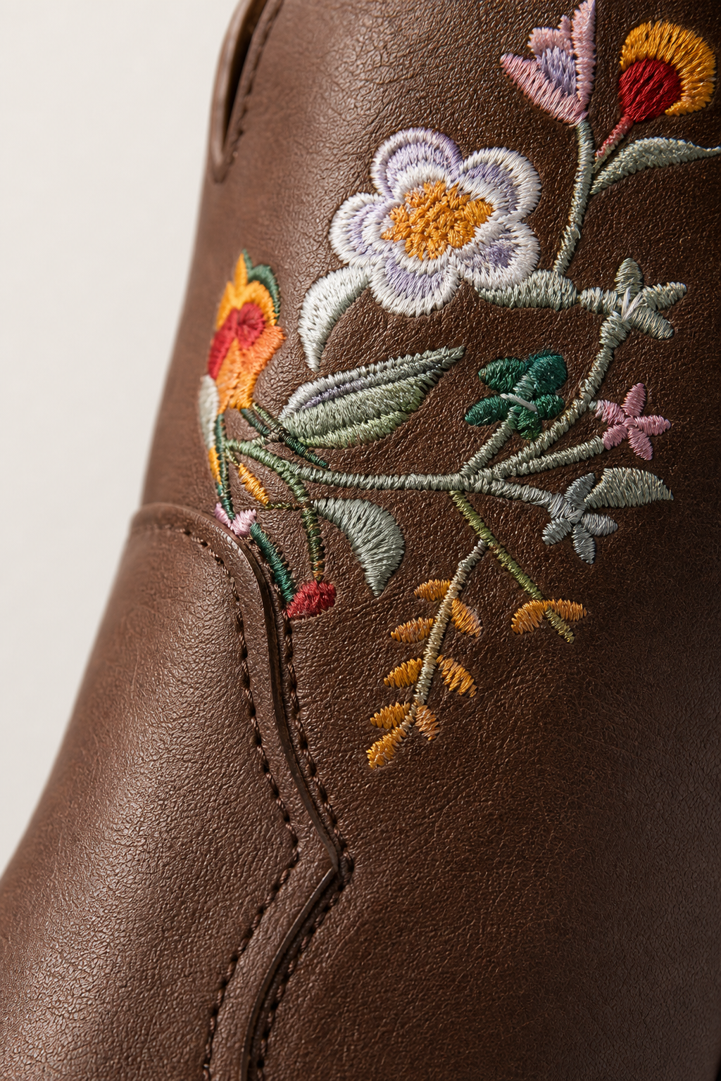 Bottes Santiags en Similicuir Marron à Broderies Florales