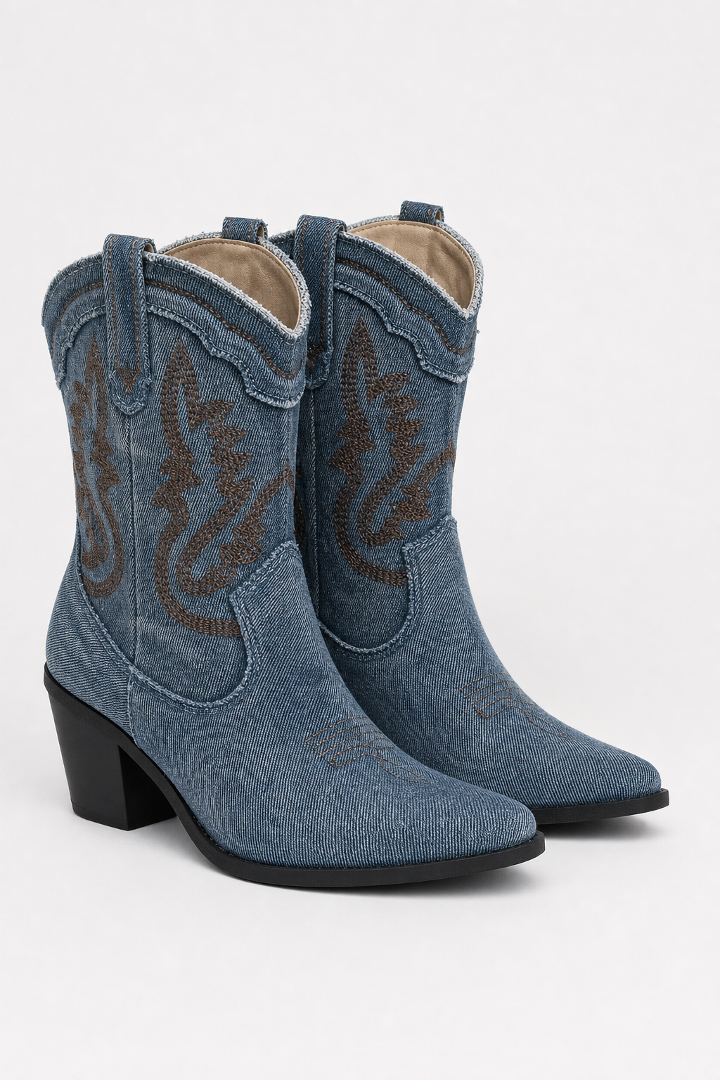 Bottes Santiags en Jean Bleu à Broderies Marron