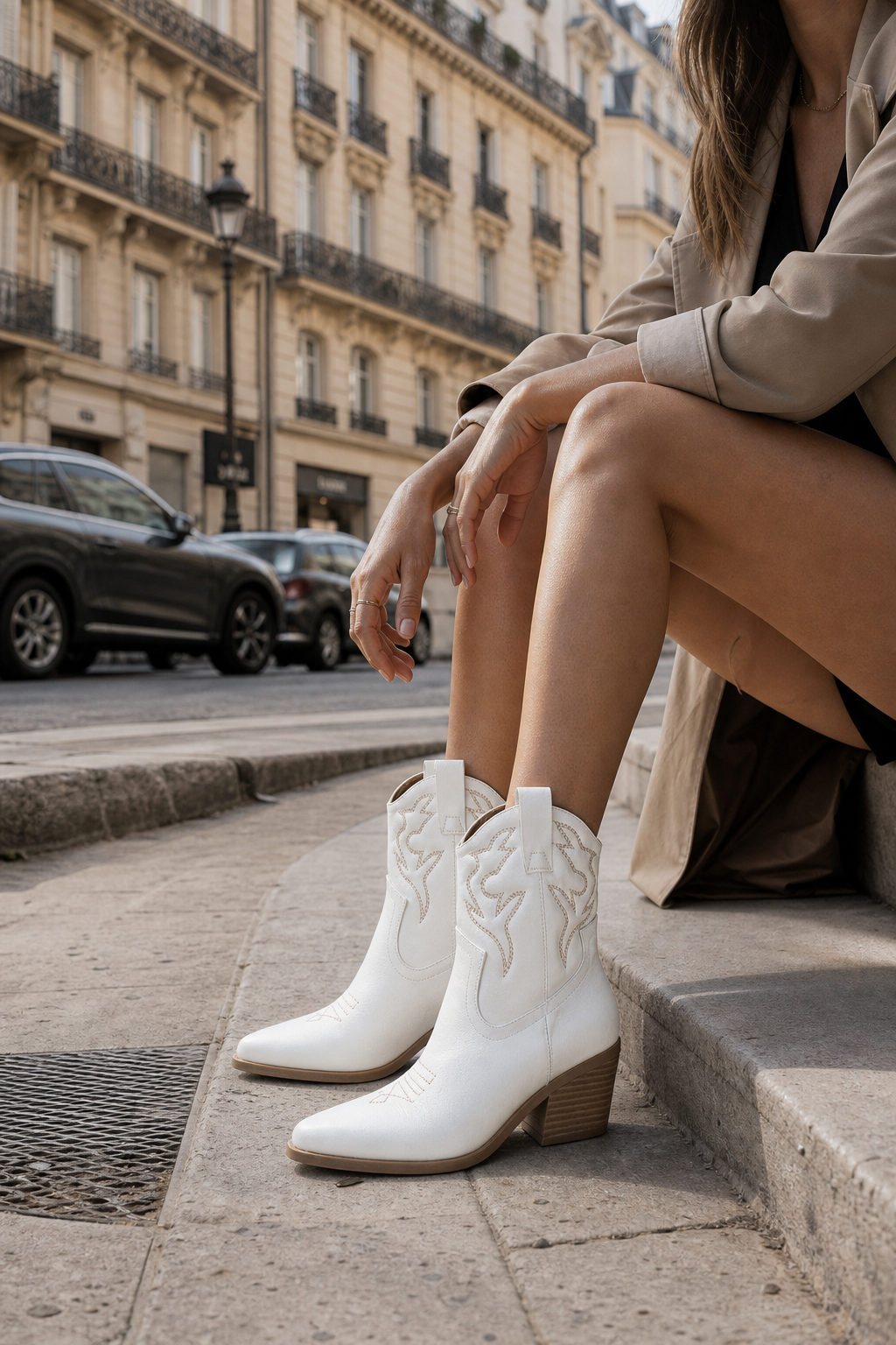 Bottes Santiags Blanches en Similicuir à Motifs Brodés