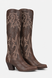 Bottes Santiags Hautes en Similicuir Marron Brodées