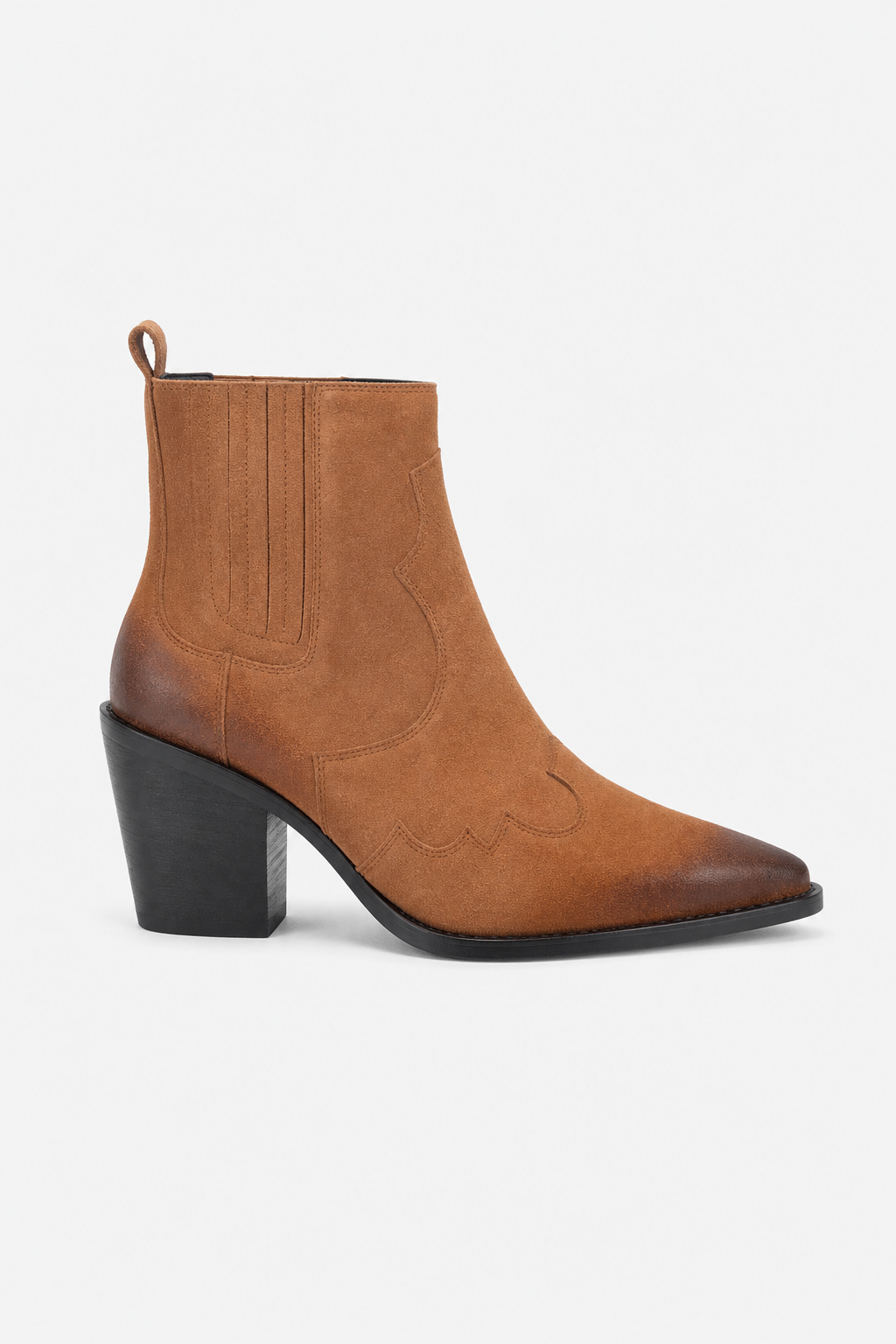 Bottines Santiags Basses en Daim Camel Patiné