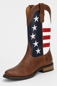 Bottes Western en Similicuir Marron et Drapeau US