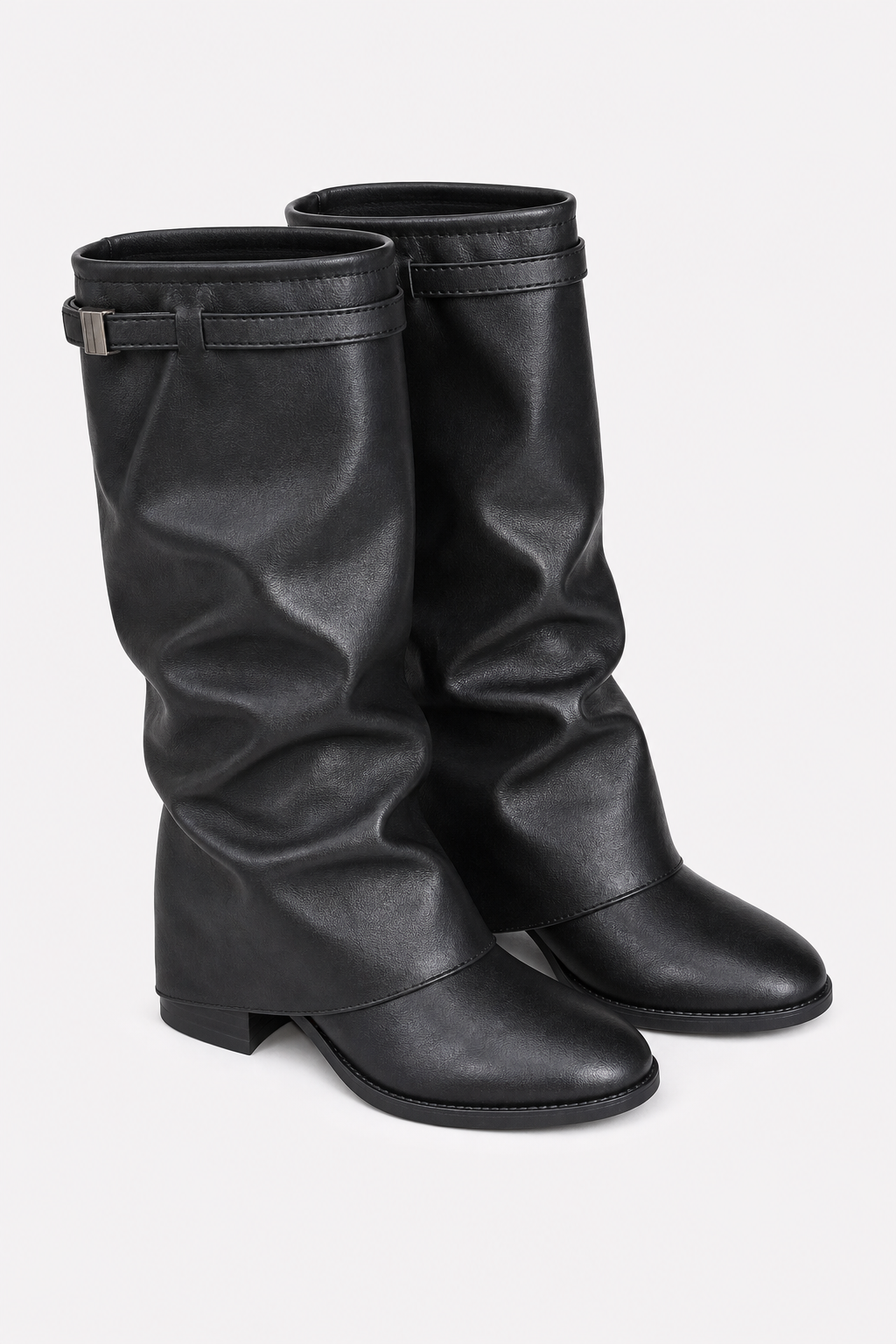 Bottes Montantes Plissées en Similicuir Noir à Boucle