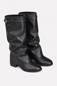 Bottes Montantes Plissées en Similicuir Noir à Boucle