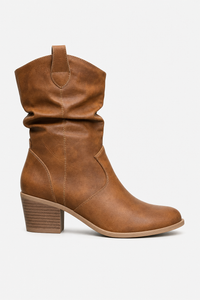 Bottines Style Western en Similicuir Camel Froissé