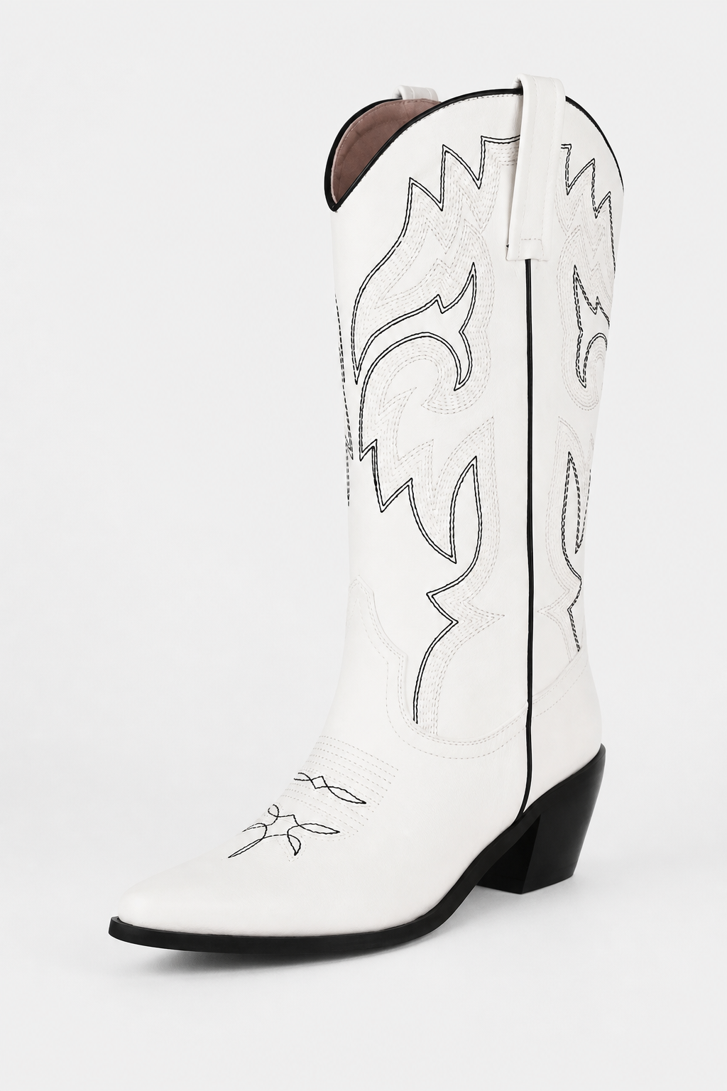 Bottes Santiags en Similicuir Blanc à Broderies Noires
