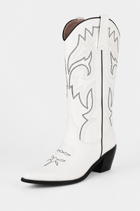 Bottes Santiags en Similicuir Blanc à Broderies Noires